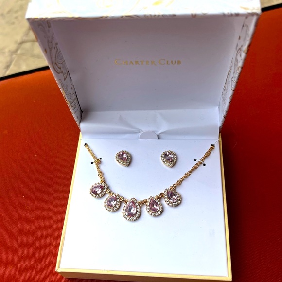 CHARTER CLUB Tear-shape Pink Halo Statement Necklace & Drop Earrings Set-Gold - Picture 3 of 8